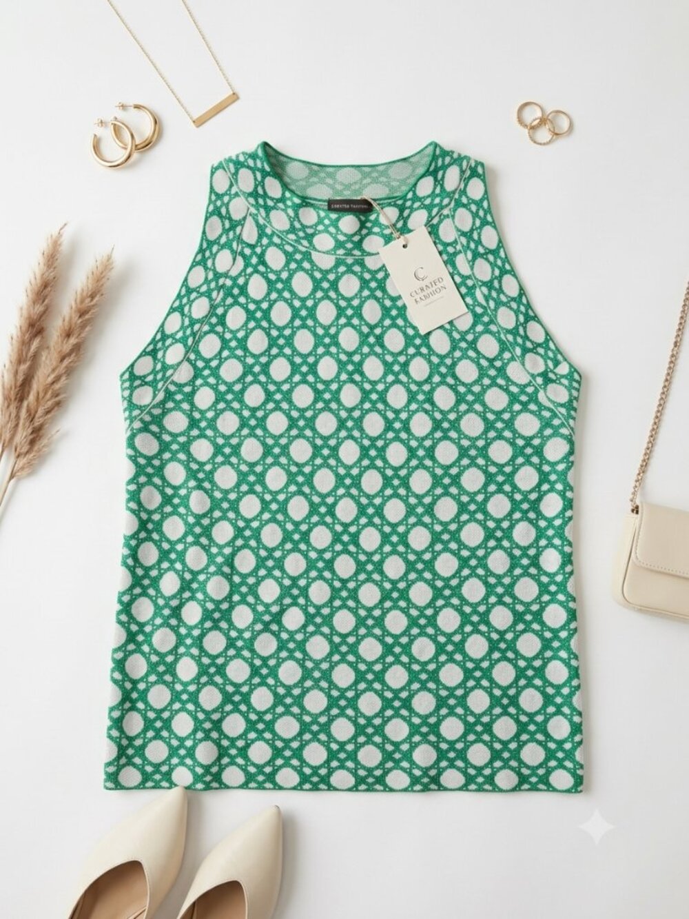 Ann Taylor Green Geometric Knit Sweater Tank Top – Size Large